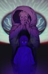  1boy 1girl arms_at_sides blue_theme blurry blurry_background child glowing glowing_eyes hand_on_own_face hands_up height_difference highres hooded_robe looking_at_viewer millions_knives multiple_monochrome one_eye_covered purple_theme robe rokuga1 short_hair spiky_hair standing tesla_(trigun) trigun trigun_stampede 