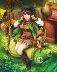  1girl adjusting_eyewear apple book boots breasts brown_eyes brown_hair capelet cup felyne food frilled_shirt_collar frills fruit guildmarm_(monster_hunter) hat highres knee_boots large_breasts looking_at_viewer monster_hunter_(series) monster_hunter_4 n_funiya neckerchief parasol shorts sitting smile solo teacup umbrella vest 