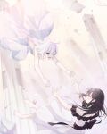  2girls absurdres angel_wings barefoot black_bow black_hair bow column dated dress falling feet green_eyes gyeou_lee halo highres long_dress long_hair looking_at_another multiple_girls open_mouth original pillar ruins signature violet_eyes white_dress wings 