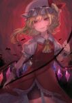  1girl absurdres bad_anatomy bat_(animal) bat_wings black_shorts blonde_hair blue_gemstone collared_shirt embodiment_of_scarlet_devil fang fang_out fangs fangs_out flandre_scarlet frilled_hat frilled_shirt frilled_skirt frilled_sleeves frilled_wristband frills gem hat hat_ribbon highres holding holding_polearm holding_weapon laevatein_(touhou) lips medium_hair neckerchief night night_sky orange_gemstone petarikooo pink_gemstone pointy_ears polearm puffy_short_sleeves puffy_sleeves red_eyes red_ribbon red_skirt red_sky red_vest ribbon sharp_teeth shirt short_sleeves shorts side_ponytail skirt sky slit_pupils smile smug teeth touhou vest weapon white_shirt wings wristband yellow_neckerchief 