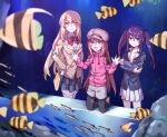  3girls :d aquarium black_skirt blazer blue_jacket bow bowtie brown_eyes brown_hair brown_jacket casual collared_jacket collared_shirt commentary_request crossed_arms crossed_bangs dolly_(toaru_kagaku_no_railgun) fish grey_shorts hair_between_eyes hand_on_glass hand_on_own_hip highres jacket kneeling kouzaku_mitori leggings_under_shorts long_hair looking_at_animal looking_at_another multiple_girls nanaheibei_3 pink_headwear pink_jacket plaid plaid_skirt pleated_skirt purple_hair red_bow red_bowtie school_uniform shirt shokuhou_misaki short_shorts shorts skirt smile sparkling_eyes standing thigh-highs toaru_kagaku_no_railgun toaru_majutsu_no_index tokiwadai_school_uniform twintails violet_eyes white_shirt white_skirt white_thighhighs winter_uniform yellow_eyes 