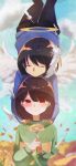  2others 345_myk androgynous angel angel_wings black_pantyhose black_shorts blue_sky blue_sweater blunt_ends blurry blurry_background blurry_foreground blush bob_cut brown_hair chara_(undertale) closed_eyes closed_mouth clouds commentary crazy_smile day depth_of_field falling_feathers feathered_wings feathers feet_out_of_frame field flower flower_field flying frisk_(undertale) green_sweater hair_between_eyes halo hands_on_another&#039;s_shoulders head_on_head head_rest highres holding holding_flower horns long_sleeves looking_at_viewer multiple_others narrowed_eyes outdoors own_hands_together pantyhose purple_sweater red_eyes short_hair short_shorts shorts single_horizontal_stripe single_horn sky smile standing sweater undertale upper_body upside-down w_arms white_feathers wings yellow_flower yellow_sweater 