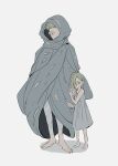  1boy 1girl asymmetrical_bangs bare_arms bare_shoulders barefoot blonde_hair body_markings character_request check_character child cloak covered_mouth dress elendira_the_crimsonail full_body grey_dress hair_behind_ear hair_over_one_eye hands_up height_difference holding_hands hood hooded_cloak looking_ahead looking_at_viewer millions_knives peekamine short_hair simple_background sleeveless sleeveless_dress spiky_hair standing sundress trigun trigun_stampede white_background 