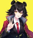  1girl :3 black_hair black_jacket cape collared_shirt double_bun gold_trim hair_bun hand_up jacket library_of_ruina long_sleeves looking_at_viewer medium_hair mei_(library_of_ruina) mikoto0x0 necktie project_moon red_cape red_necktie shirt sidelocks simple_background solo tie_clip w white_shirt yellow_background 