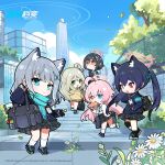  5girls absurdres ahoge album_cover animal_ear_fluff animal_ears ayane_(blue_archive) bag black_footwear black_gloves black_hair blue_archive blue_eyes blue_hair blue_scarf blue_sky bread bread_slice building cat_ears chibi chinese_text company_name copyright_name cover cross_hair_ornament day extra_ears fang flower food foreclosure_task_force_(blue_archive) gloves green_eyes grey_hair hair_ornament halo heterochromia highres holding holding_bag holding_food hoshino_(blue_archive) id_card kneehighs long_hair looking_at_viewer multiple_girls nonomi_(blue_archive) official_art orange_eyes outdoors pink_hair plaid plaid_skirt pleated_skirt red-framed_eyewear red_eyes scarf school_uniform serika_(blue_archive) shiroko_(blue_archive) short_hair skin_fang skirt sky socks stairs standing twintails white_flower wolf_ears 