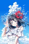  1girl absurdres black_hair blue_eyes choker clouds cumulonimbus_cloud day dress flower frilled_dress frills hat hibiscus highres medium_hair original outdoors smile summer torinari_(dtvisu) water white_dress 