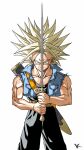  1boy black_pants black_shirt blonde_hair denim denim_jacket dragon_ball dragon_ball_z facing_viewer green_eyes highres holding holding_sword holding_weapon jacket kakeru_(dbskakeru) looking_at_viewer muscular muscular_male open_clothes open_jacket pants shirt simple_background sleeveless sleeveless_jacket solo spiky_hair super_saiyan super_saiyan_1 sword toriyama_akira_(style) trunks_(dragon_ball) trunks_(future)_(dragon_ball) weapon white_background 