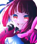  1girl arima_kana bob_cut gloves happy hat hat_ribbon holding holding_microphone idol idol_clothes inverted_bob looking_at_viewer microphone mimi_ekk open_mouth oshi_no_ko pink_gloves red_eyes red_shirt redhead ribbon shirt simple_background smile upper_body white_background 