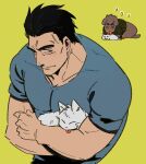  1boy absurdres akagi:_yami_ni_oritatta_tensai black_hair blue_shirt cat closed_mouth commentary_request dog hair_slicked_back highres inudori male_focus muscular muscular_male nangou_(akagi) shirt short_hair short_sleeves simple_background smile upper_body yellow_background 