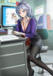  1girl artist_name breasts chair coffee_mug commission commissioner_upload computer cup desk earrings english_commentary fire_emblem fire_emblem:_genealogy_of_the_holy_war fire_emblem_heroes high_heels highres ishtar_(fire_emblem) jewelry long_hair monitor mug office office_chair office_lady paper pen ponytail skirt spykeee swivel_chair violet_eyes window 