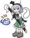  1girl black_bow black_bowtie black_hairband blue_eyes bow bowtie collared_shirt flower frilled_skirt frills full_body ghost green_skirt green_vest grey_footwear grey_hair hairband hitodama hitodama_print holding holding_sword holding_weapon konpaku_youmu konpaku_youmu_(ghost) looking_at_viewer lower_teeth_only open_mouth parody print_skirt puffy_short_sleeves puffy_sleeves puyopuyo shaded_face shinmon_akika shirt shoes short_hair short_sleeves simple_background skirt skirt_set solo standing style_parody sweatdrop sword teeth touhou vest weapon white_background white_flower white_shirt 