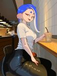  1girl asymmetrical_hair black_pants blue_hair breasts chair cropped_legs cup ear_piercing eyeliner hand_on_own_thigh highres indoors leather leather_pants looking_at_viewer looking_to_the_side makeup medium_breasts pants piercing red_eyes shirt shiver_(splatoon) sitting smile solo splatoon_(series) splatoon_3 tentacle_hair yuta_agc 