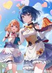  2girls absurdres apron arm_cutout balloon blue_hair blue_sky blush bow bowtie braid brown_hair clipboard clouds commentary_request corset crown dress flustered food frilled_skirt frills fruit grey_eyes hair_ribbon hanasato_minori heart_balloon highres holding holding_clipboard holding_pen holding_tray kheng_(k_heng1223) kiritani_haruka korean_commentary looking_at_viewer maid_headdress mini_crown multiple_girls open_mouth outdoors pancake pen pink_bow pink_bowtie project_sekai purple_skirt ribbon short_hair sidelocks skirt sky sleeveless sleeveless_dress smile standing standing_on_one_leg strawberry sweat swept_bangs thigh_strap tray whipped_cream white_apron yellow_bow yellow_ribbon 