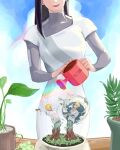  1girl 2boys black_hair blonde_hair brothers crossed_arms gardening head_out_of_frame highres holding holding_watering_can ilble long_sleeves millions_knives mini_person miniboy monster_boy monsterification multiple_boys outstretched_arms plant plant_boy potted_plant rainbow rem_saverem shirt short_hair siblings size_difference smile spiky_hair spread_arms standing symbolism trigun vash_the_stampede water watering watering_can white_shirt wing_umbrella 