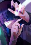  1girl blunt_bangs blurry blurry_background bocchi_the_rock! braid highres hiroi_kikuri long_sleeves lowlifescore purple_hair purple_nails solo sweat upper_body violet_eyes 