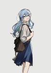  1girl backpack bag blue_eyes blue_hair blue_skirt hair_between_eyes hair_strand highres hololive hoshimachi_suisei kiel_adair long_hair long_sleeves looking_at_viewer looking_back pleated_skirt shirt sidelocks simple_background skirt smile solo virtual_youtuber white_shirt 