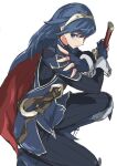  1girl blue_eyes blue_gloves blue_hair cape closed_mouth fingerless_gloves fire_emblem fire_emblem_awakening gloves highres holding holding_sword holding_weapon long_hair looking_at_viewer lucina_(fire_emblem) pekeponn solo squatting sword tiara weapon white_background wrist_cuffs 