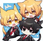  1girl 2boys animal_ears black_coat black_eyes black_gloves black_hair black_vest blonde_hair cat_boy cat_ears cat_girl cat_tail chibi closed_mouth coat collared_shirt don_quixote_(limbus_company) expressionless gloves limbus_company mikoto0x0 multiple_boys necktie open_mouth project_moon red_necktie shirt sinclair_(limbus_company) sweat tail vest white_shirt yellow_eyes yi-sang_(limbus_company) 