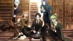  3boys 3girls angela_(project_moon) black_eyes black_hair black_jacket black_necktie black_pants black_skirt blue_coat blue_hair blue_pants book book_stack bookshelf brown_hair chesed_(project_moon) coat collared_shirt cooking fan_zhongli_cangshu grey_eyes highres hod_(project_moon) indoors jacket library library_of_ruina long_hair malkuth_(project_moon) multiple_boys multiple_girls nai_ga_(style) necktie netzach_(project_moon) open_mouth pajeon_(food) pants parted_bangs project_moon roland_(library_of_ruina) shirt short_hair sidelocks skirt very_long_hair white_shirt wok 