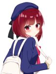  1girl arima_kana backpack bag beret blazer blue_headwear blue_jacket blunt_ends blush hat highres holding_strap jacket looking_at_viewer looking_back oshi_no_ko red_eyes redhead school_uniform shinonome_asu short_hair simple_background solo white_background youtou_high_school_uniform 