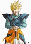  1boy blonde_hair commentary_request dragon_ball dragon_ball_z earrings green_eyes green_shirt highres holding holding_sword holding_weapon jewelry kakeru_(dbskakeru) looking_at_viewer shirt simple_background solo son_gohan spiky_hair super_saiyan super_saiyan_1 sword toriyama_akira_(style) weapon white_background 