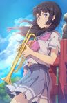  1girl 3s black_hair blue_skirt day fence hibike!_euphonium highres holding holding_instrument instrument kitauji_high_school_uniform kousaka_reina leaning_back looking_at_viewer neckerchief outdoors parted_lips pink_neckerchief school_uniform serafuku shirt skirt sky solo trumpet violet_eyes white_shirt wind wooden_fence 