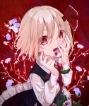  1girl :d @_@ black_skirt black_vest blonde_hair commentary_request crazy_eyes fang fang_out flower hair_ribbon hand_on_own_face haru_(unfu3432) highres leaf long_sleeves looking_at_viewer open_mouth purple_flower red_background red_ribbon ribbon rumia shirt short_hair simple_background skirt smile solo touhou upper_body vest white_shirt 