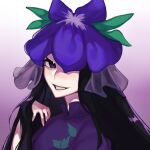  1girl black_hair china_dress chinese_clothes dress flower flower_on_head gradient_background long_hair looking_at_viewer one_eye_covered open_mouth portrait purple_dress purple_flower signature smile solo touhou vine_print violet_eyes xianyujunzhimiyingla yomotsu_hisami 