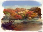  autumn autumn_leaves bare_tree blue_sky clouds cloudy_sky day forest highres nature no_humans original painting_(medium) pond scenery sky sunlight sunrise_arte traditional_media tree tree_shade water 