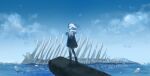  1girl blue_sky boots clouds day full_body hood hooded_jacket jacket long_hair original outdoors skeleton skirt sky solo standing watanabe_kawa water white_hair white_jacket 