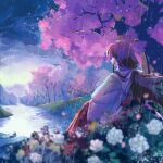  1girl black_hair cherry_blossoms clouds cloudy_sky flower from_behind highres inuyasha japanese_clothes kikyou_(inuyasha) long_hair manxin_chocolate miko nature rain river scenery sky solo 