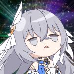  1girl bare_shoulders bronya_zaychik chinese_commentary cosplay crossed_bangs elysia_(herrscher_of_human:ego)_(honkai_impact) elysia_(herrscher_of_human:ego)_(honkai_impact)_(cosplay) elysia_(honkai_impact) grey_eyes grey_hair honkai_(series) honkai_impact_3rd long_hair looking_up luyue meme open_mouth solo upper_body white_headwear 