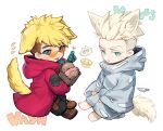  2boys :3 :p animal_ears aqua_eyes bag barefoot black_pants blonde_hair blue_eyes brothers bullet cat cat_boy cat_ears cat_tail character_name chibi coat commentary dog dog_boy dog_ears dog_tail doughnut extra_ears finger_heart food from_side frown full_body glasses heart holding holding_bag hood hood_down hooded_coat hooded_robe knife long_sleeves looking_at_viewer looking_to_the_side male_focus millions_knives mole mole_under_eye multiple_boys orange-tinted_eyewear pants paper_bag prosthesis prosthetic_arm raku7560 red_coat robe short_hair siblings sitting spiky_hair symbol-only_commentary tail tail_through_clothes tinted_eyewear tongue tongue_out trigun trigun_stampede twins undercut vash_the_stampede white_background white_hair 