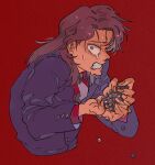  1boy bags_under_eyes ball brown_eyes brown_hair clenched_teeth collared_shirt commentary_request cropped_torso crying crying_with_eyes_open fingernails grey_necktie highres ichijou_seiya inudori jacket kaiji long_hair long_sleeves looking_at_viewer male_focus medium_bangs messy_hair necktie pachinko_ball parted_bangs purple_jacket red_background red_shirt shirt simple_background solo suit tears teeth upper_body 