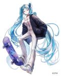  1girl aqua_hair bare_shoulders belt black_coat breasts coat commentary_request full_body hatsune_miku jewelry long_hair looking_at_viewer medium_breasts midriff necklace open_clothes open_coat pants pipi shoes simple_background skateboard sneakers solo twintails very_long_hair vocaloid white_background white_belt white_footwear white_pants 