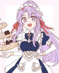  1girl :d apron blue_bow blue_dress bow cake commentary_request detached_sleeves dress fire_emblem fire_emblem:_genealogy_of_the_holy_war fire_emblem_heroes food fukui hair_ribbon korean_commentary long_hair looking_at_viewer maid_apron maid_headdress official_alternate_costume open_mouth ponytail puffy_short_sleeves puffy_sleeves purple_hair red_ribbon ribbon short_sleeves smile solo tailtiu_(fire_emblem) tailtiu_(tea_party)_(fire_emblem) teeth tiered_tray upper_body upper_teeth_only very_long_hair violet_eyes 