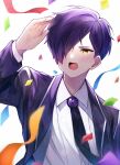  1boy brooch coat collared_shirt confetti gem hand_up jewelry library_of_ruina long_sleeves male_focus mikoto0x0 necktie project_moon purple_coat purple_gemstone purple_hair purple_necktie shirt simple_background solo white_background white_shirt yesod_(project_moon) 