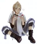  1boy absurdres aged_down animal black_undershirt blonde_hair blue_eyes blue_shorts boots cat closed_mouth cloud_strife commentary_request final_fantasy final_fantasy_vii final_fantasy_vii_remake full_body heart highres holding holding_animal knee_boots light_blush lips looking_at_viewer low_ponytail maru_(ff7) neck_ribbon red_ribbon ribbon shirt short_hair_with_long_locks short_sleeves shorts sitting spiky_hair swept_bangs tori_(labyrinth_fft) white_background white_cat white_shirt 