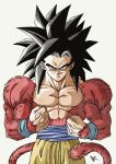  1boy baggy_pants black_hair brown_pants dragon_ball dragon_ball_gt highres kakeru_(dbskakeru) looking_at_viewer monkey_tail pants simple_background solo son_goku spiky_hair super_saiyan super_saiyan_4 tail toriyama_akira_(style) upper_body white_background 