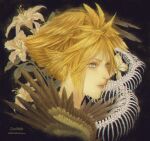  1boy animal_skeleton black_background blonde_hair blue_eyes brown_feathers brown_wings cloud_strife expressionless feathered_wings feathers final_fantasy final_fantasy_vii flower head_wings highres male_focus portrait ry1115275908 short_hair skeleton snake solo spiky_hair white_flower wings 