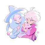  1boy ahoge artist_name aukives bede_(pokemon) coat commentary curly_hair hatterene holding holding_pokemon looking_down male_focus mew_(pokemon) pink_coat pokemon pokemon_(creature) pokemon_(game) pokemon_swsh short_hair simple_background sleeves_rolled_up violet_eyes white_background white_hair 