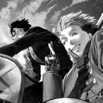  2boys clouds crossed_fingers driving earrings floating_hair gloves goggles greyscale hand_up highres jacket jewelry light_particles long_sleeves meryl_stryfe mole mole_under_eye monochrome motor_vehicle multicolored_hair multiple_boys no_eyewear partially_fingerless_gloves sky smile trigun trigunzf two-tone_hair vash_the_stampede wind 