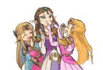 3girls armor blonde_hair blue_eyes brown_hair comedy covering_mouth dress earrings fingersmile forced_smile gloves hand_over_own_mouth jewelry long_hair multiple_girls nyagiratwist pink_dress pointy_ears princess_zelda purple_dress purple_gloves shoulder_armor smile super_smash_bros. sweatdrop the_legend_of_zelda the_legend_of_zelda:_a_link_between_worlds the_legend_of_zelda:_ocarina_of_time the_legend_of_zelda:_twilight_princess tiara white_gloves