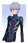  11kkr 1boy black_bodysuit blue_background blue_bodysuit bodysuit border closed_mouth gradient_background grey_hair hair_between_eyes highres looking_to_the_side male_focus multicolored_background nagisa_kaworu neon_genesis_evangelion number_print outside_border purple_background red_eyes short_hair simple_background smile solo standing two-tone_bodysuit white_border 