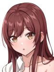 1girl blush close-up collarbone collared_shirt idolmaster idolmaster_shiny_colors long_hair looking_at_viewer open_clothes open_mouth osaki_amana redhead shirt simple_background solo sorugi_park sweat swept_bangs undressing white_background white_shirt yellow_eyes 
