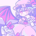  1girl ascot bat_wings closed_mouth collared_shirt frilled_shirt_collar frilled_skirt frills hand_on_own_cheek hand_on_own_face hat light_smile looking_at_viewer mob_cap pink_eyes pink_headwear pink_shirt pink_skirt puffy_short_sleeves puffy_sleeves purple_hair red_ascot remilia_scarlet shirt short_sleeves skirt solo touhou wings wrist_cuffs yazawa_mametarou 