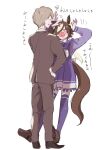  1boy 1girl absurdres animal_ears blush hair_over_one_eye headpat highres hiyo_(2016.10) horse_ears horse_girl horse_tail school_uniform tail tracen_school_uniform trainer_(umamusume) umamusume vodka_(umamusume) 