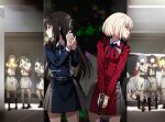  6+girls black_hair blonde_hair blue_dress car commentary_request dress firing grey_dress gun handgun holding holding_gun holding_weapon inoue_takina long_hair lycoris_recoil lycoris_uniform motor_vehicle multiple_girls nishikigi_chisato nyoro_(nyoronyoro000) red_dress red_eyes short_hair smile two-tone_dress violet_eyes weapon 