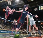  2boys 5girls absurdres american_flag arm_warmers audience ball basketball_(object) basketball_court basketball_hoop basketball_jersey black_hair blonde_hair brown_eyes chainsaw_man cosplay crossover denji_(chainsaw_man) dwyane_wade english_commentary grin hair_ornament hairclip higashiyama_kobeni highres himeno_(chainsaw_man) holding holding_ball horns indoors jumping kanpaithighs katana katana_man_(chainsaw_man) knee_pads lebron_james long_hair looking_up makima_(chainsaw_man) meme miami_heat miller_lite milwaukee_bucks mole mole_under_mouth multiple_boys multiple_girls name_connection national_basketball_association nike number_print open_mouth outstretched_arms parted_lips people photo-referenced photo_background pink_hair playing_sports pochita_(chainsaw_man) power_(chainsaw_man) real_life red_eyes redhead referee reflective_floor running sawatari_akane_(chainsaw_man) shoes short_hair short_ponytail single_arm_warmer single_knee_pad slam_dunk_(basketball) smile sneakers sportswear stadium sword weapon wristband 