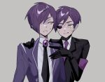  2boys black_gloves black_sclera coat colored_sclera dual_persona gloves grey_background grin hair_over_one_eye heterochromia library_of_ruina lobotomy_corporation long_sleeves mismatched_sclera mu46016419 multiple_boys necktie project_moon purple_coat purple_hair purple_necktie scar scar_on_face shirt smile upper_body violet_eyes white_shirt yellow_eyes yesod_(project_moon) 